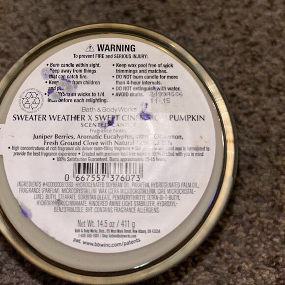 Bath & Body Works Sweater Weather Sweet Cinnamon Pumpkin Blended Candle RARE LD - Picture 3 of 4